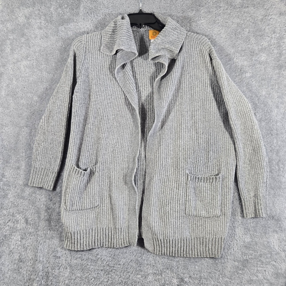 Ruby Rd Womens XL Grey Chenille Ribbed Knit Open Front Cardigan Sweater Pockets